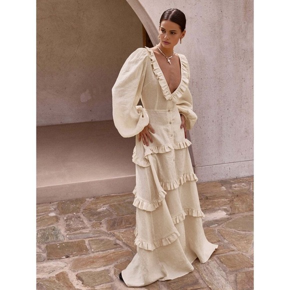 Commense Dresses & Skirts - Commense Cotton & Linen Ruffled Maxi Dress Long‎ Sleeve Button Boho Bohemian S